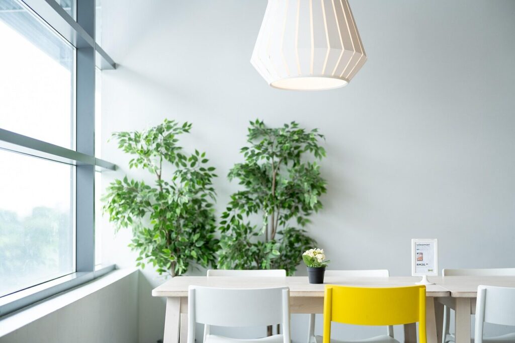 ikea, table, nature, dining, chair, lamp, plant, natural, lifestyle, life, live, living, room, restaurant, simple, white